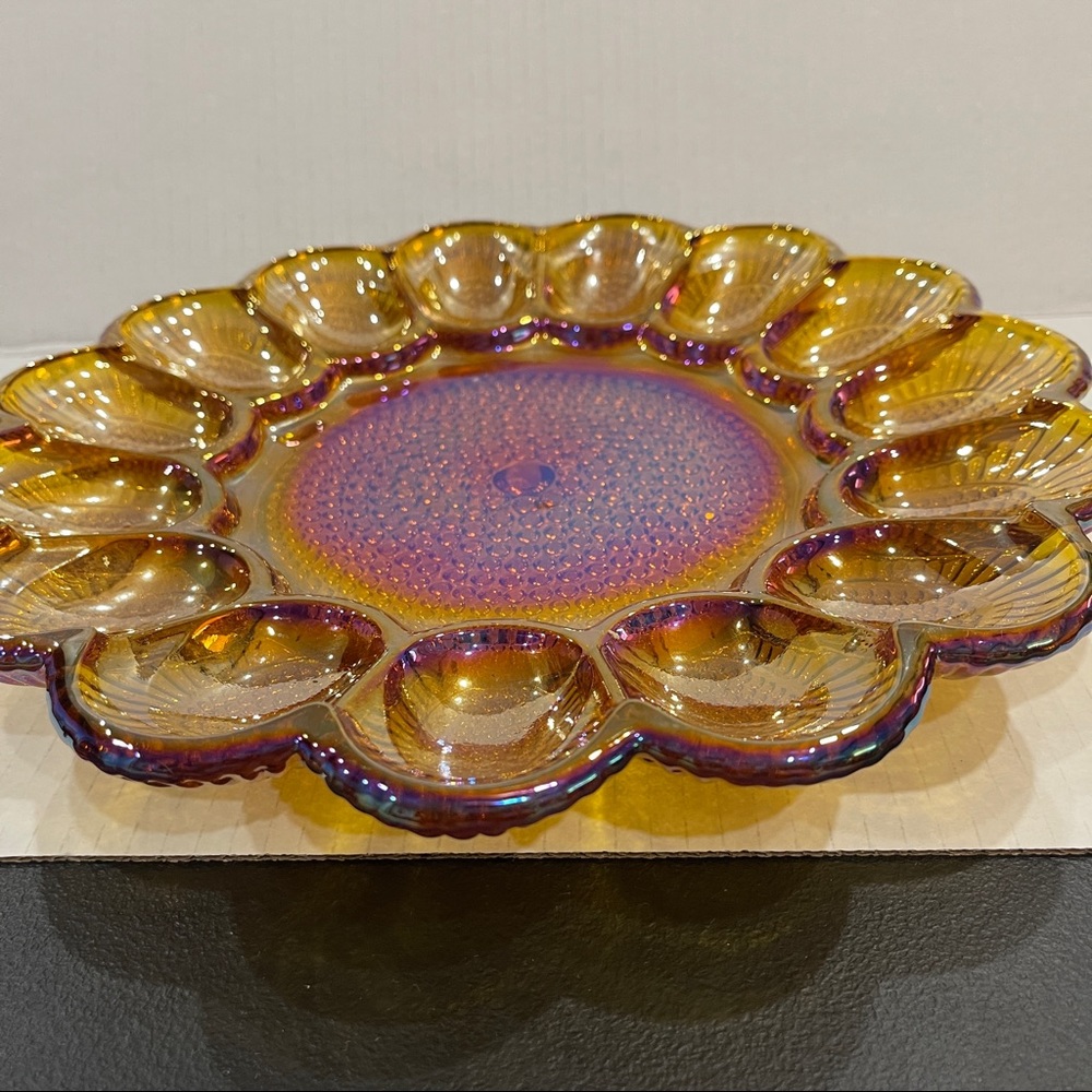 Hobnail Amber Carnival by Indiana Glass 11" Deviled Egg 15 Egg Serving Platter - Picture 7 of 7